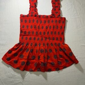 Maeve Red Smocked Top with Patterned Detail
